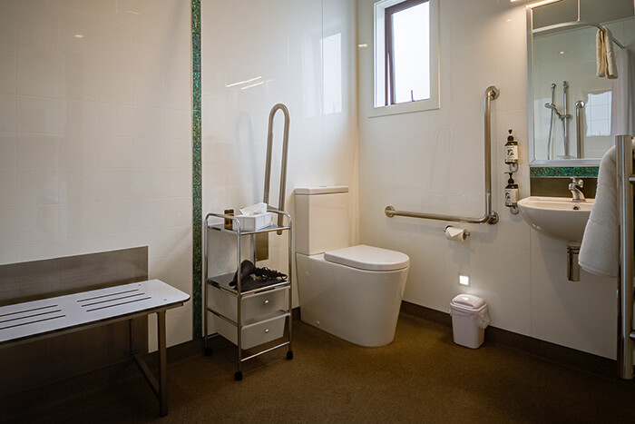 Accessible bathroom with open plan toilet and shower in the Red Tussock Motel's premium accessible unit.